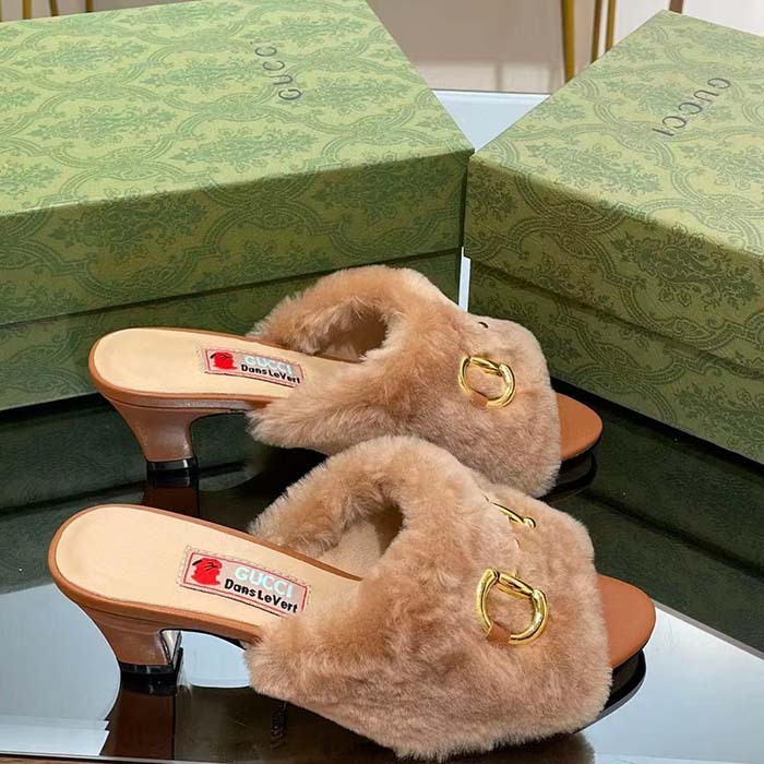 G*u*i gg women’s mid-heel slide sandal brown fabric horsebit 5.6 cm heel