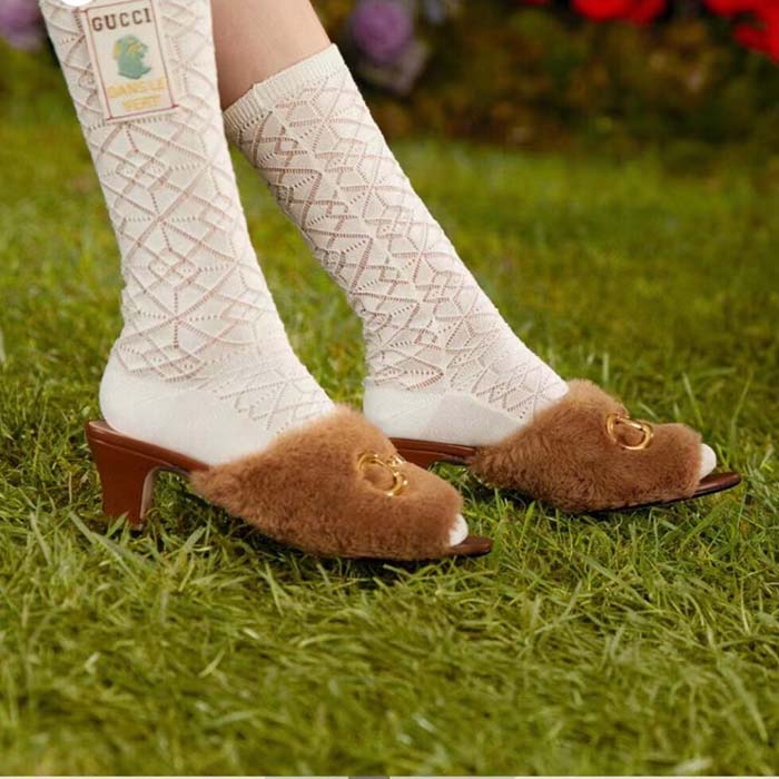 G*u*i gg women’s mid-heel slide sandal brown fabric horsebit 5.6 cm heel