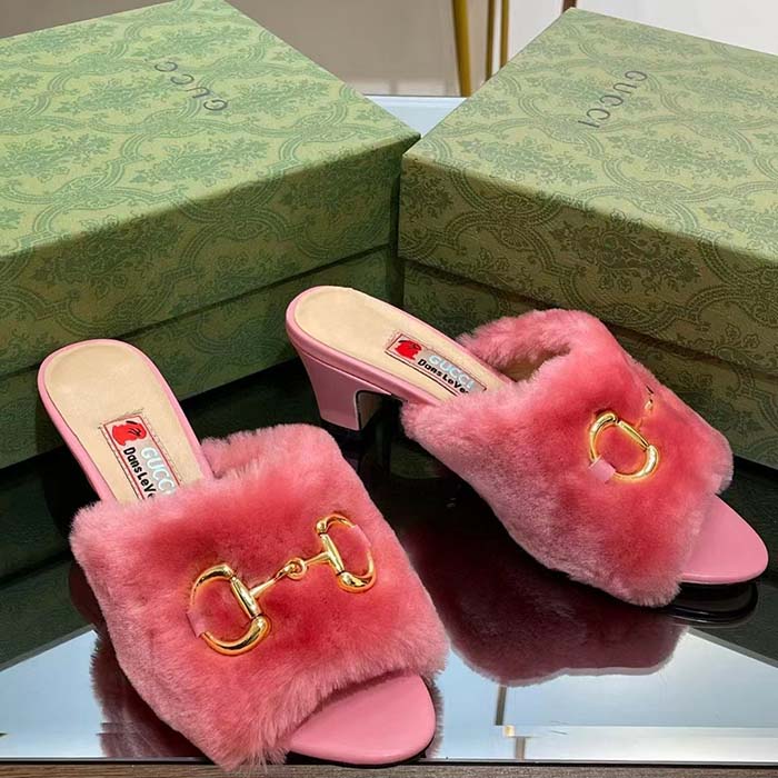 G*u*i gg women’s mid-heel slide sandal pink fabric horsebit 5.6 cm heel