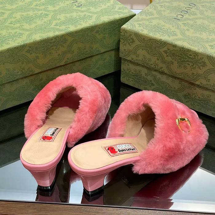 G*u*i gg women’s mid-heel slide sandal pink fabric horsebit 5.6 cm heel