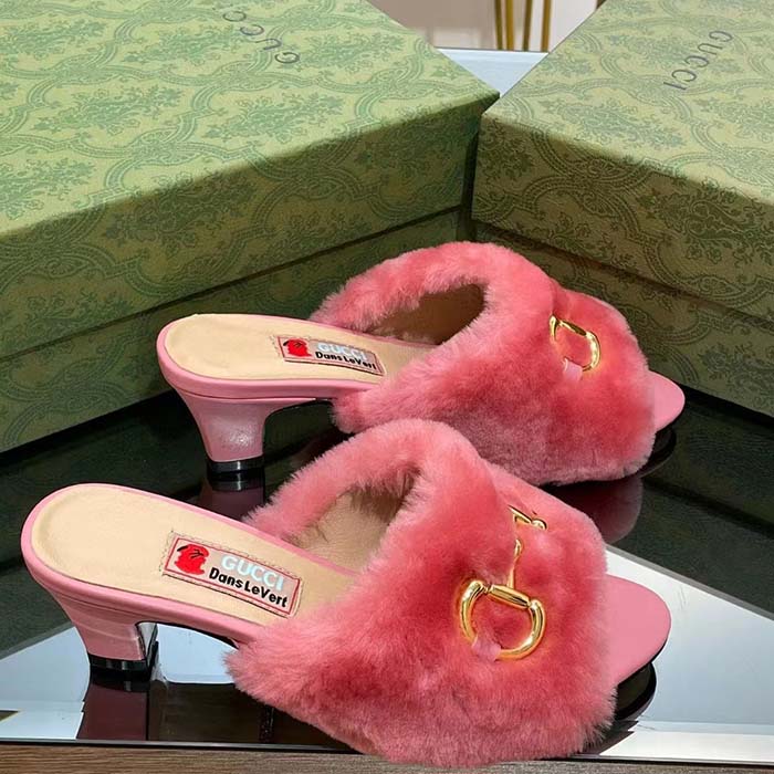 G*u*i gg women’s mid-heel slide sandal pink fabric horsebit 5.6 cm heel