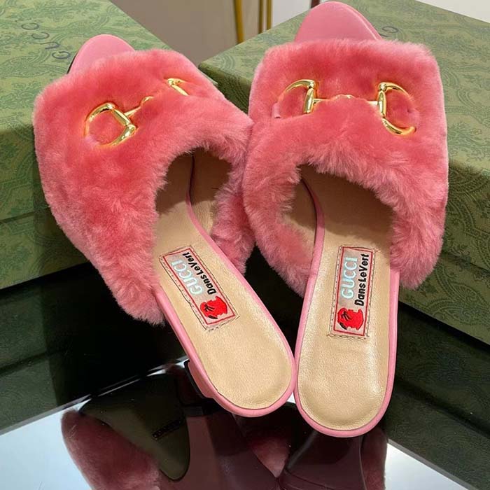 G*u*i gg women’s mid-heel slide sandal pink fabric horsebit 5.6 cm heel