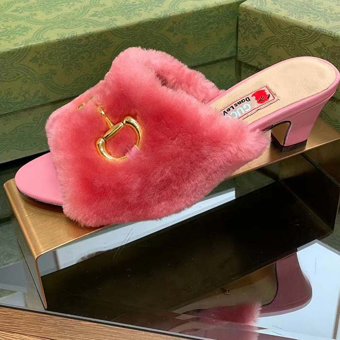 G*u*i gg women’s mid-heel slide sandal pink fabric horsebit 5.6 cm heel