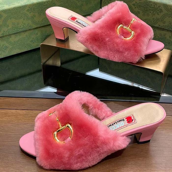 G*u*i gg women’s mid-heel slide sandal pink fabric horsebit 5.6 cm heel
