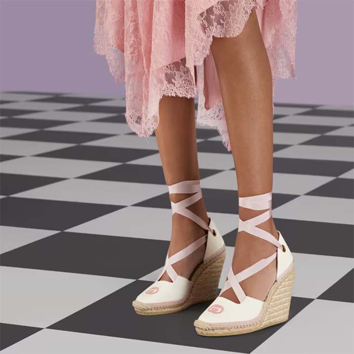 G*u*i women espadrille ribbon tie interlocking g embroidery white cotton canvas peep toe