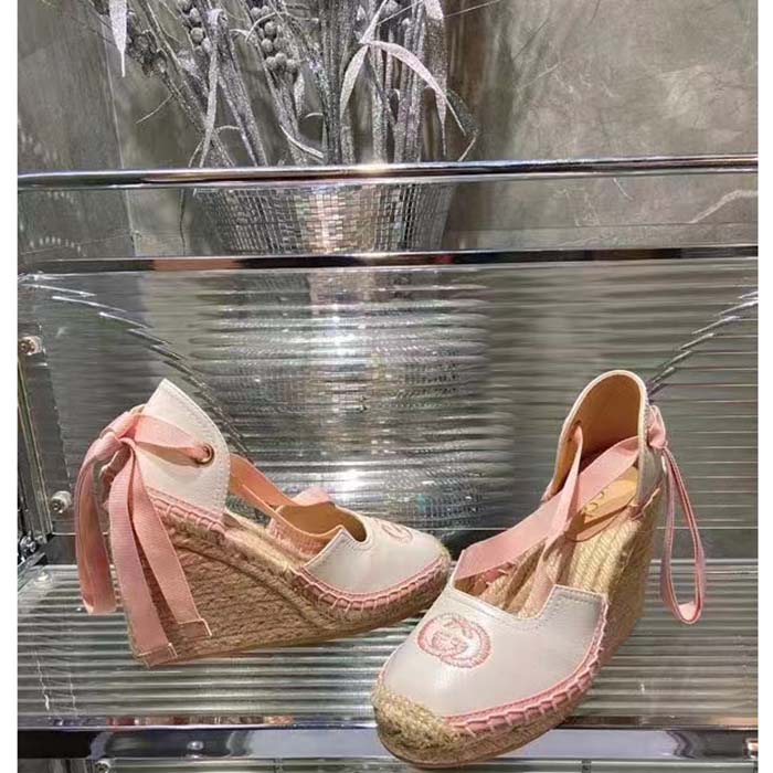 G*u*i women espadrille ribbon tie interlocking g embroidery white cotton canvas peep toe