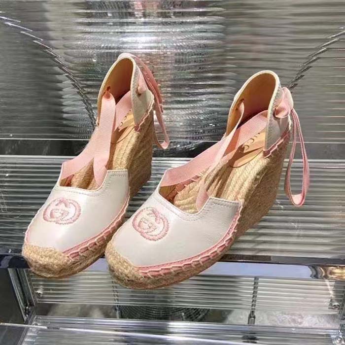 G*u*i women espadrille ribbon tie interlocking g embroidery white cotton canvas peep toe