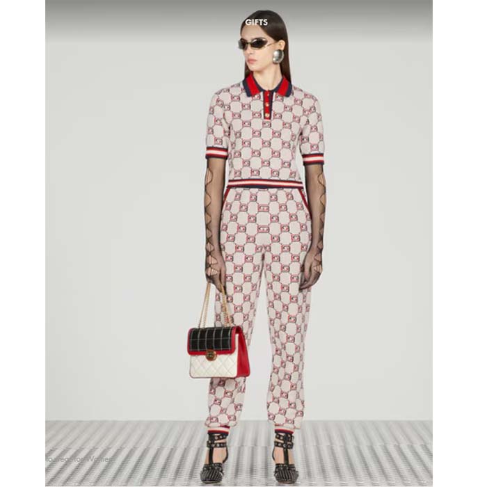 G*u*i women gg cotton jacquard polo shirt ivory red polo collar short sleeves