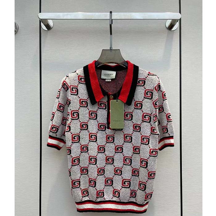 G*u*i men gg cotton jacquard polo shirt ivory red polo collar short sleeves