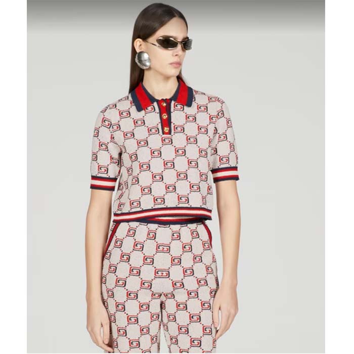 G*u*i women gg cotton jacquard polo shirt ivory red polo collar short sleeves