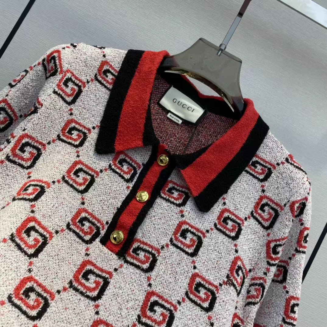 G*u*i men gg cotton jacquard polo shirt ivory red polo collar short sleeves