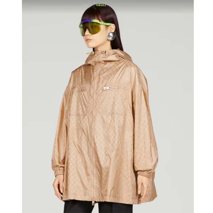 G*u*i women gg hooded jacket light camel gg nylon jacquard