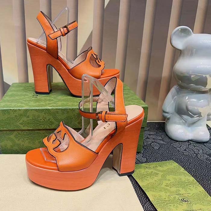 G*u*i women gg interlocking g sandal orange leather wooden high 12 cm heel