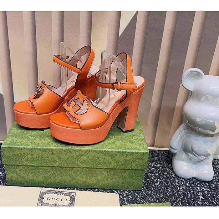 G*u*i women gg interlocking g sandal orange leather wooden high 12 cm heel