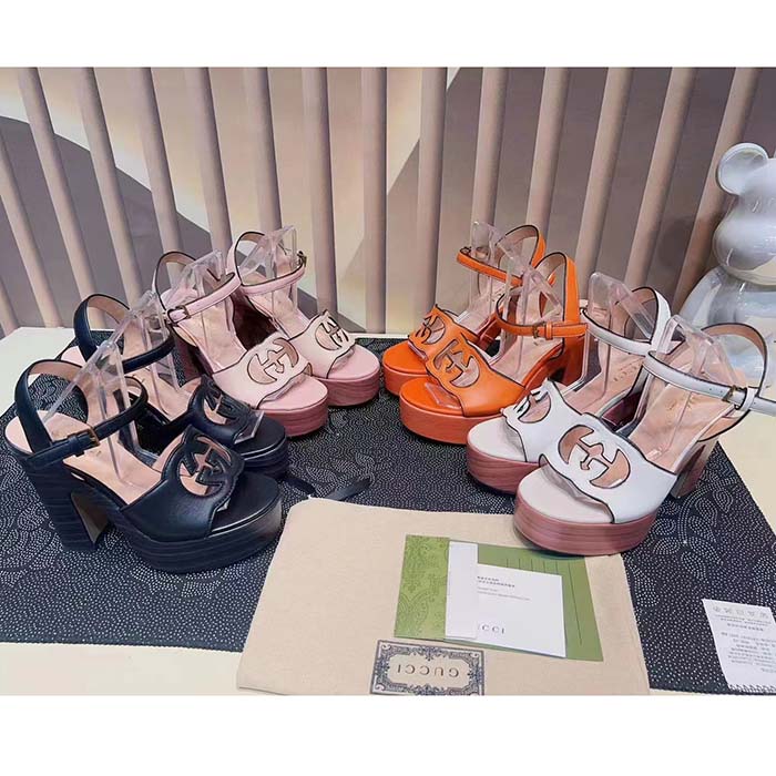G*u*i women gg interlocking g sandal orange leather wooden high 12 cm heel