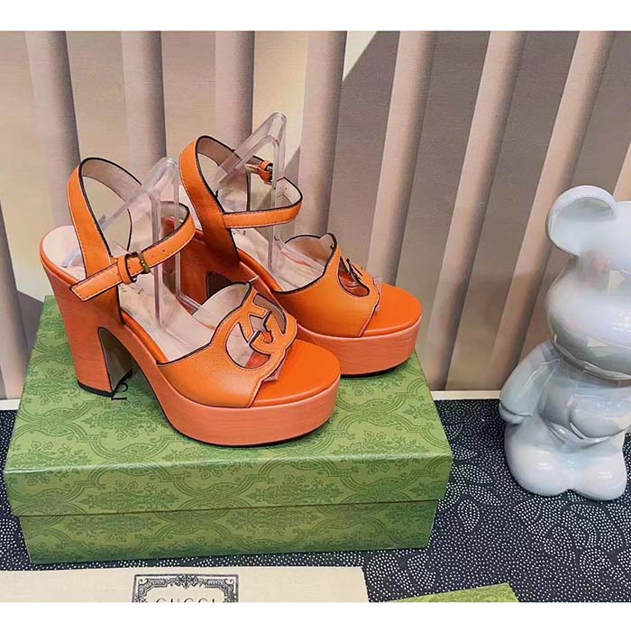 G*u*i women gg interlocking g sandal orange leather wooden high 12 cm heel