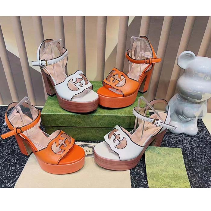 G*u*i women gg interlocking g sandal orange leather wooden high 12 cm heel
