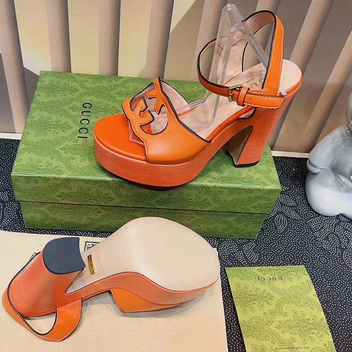 G*u*i women gg interlocking g sandal orange leather wooden high 12 cm heel