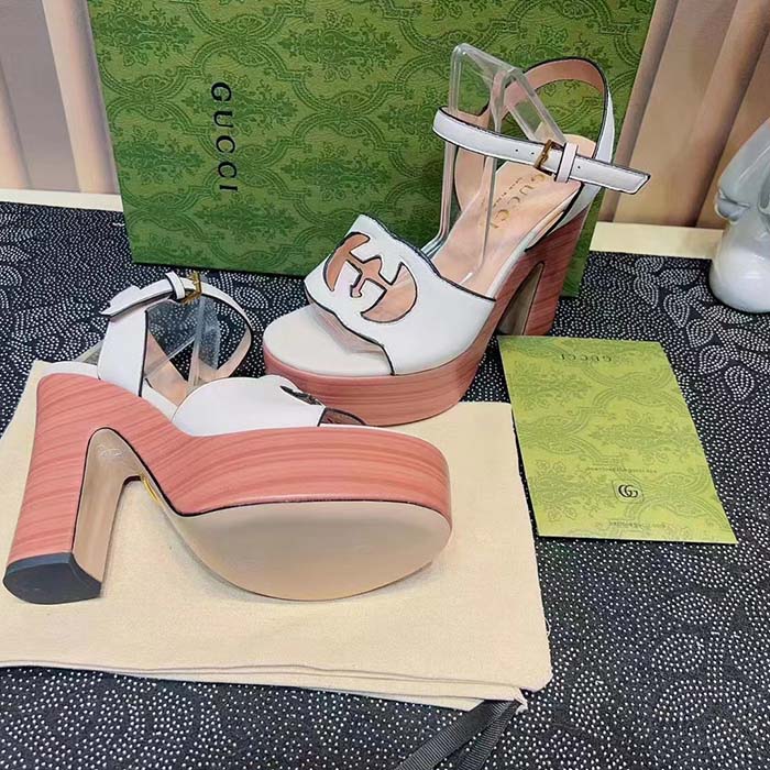 G*u*i women gg interlocking g sandal white leather wooden high 12 cm heel