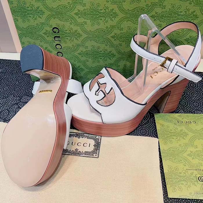 G*u*i women gg interlocking g sandal white leather wooden high 12 cm heel