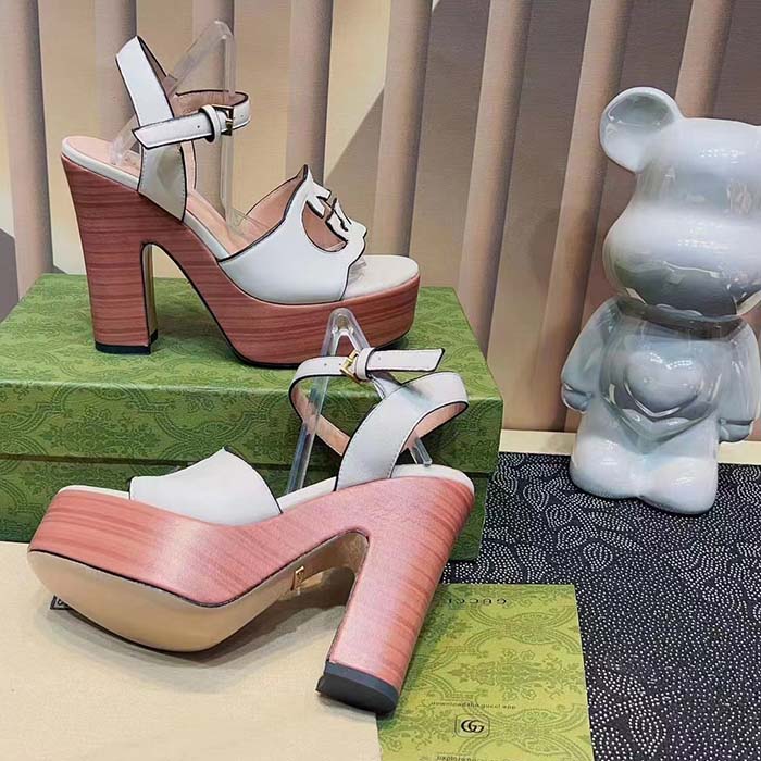 G*u*i women gg interlocking g sandal white leather wooden high 12 cm heel