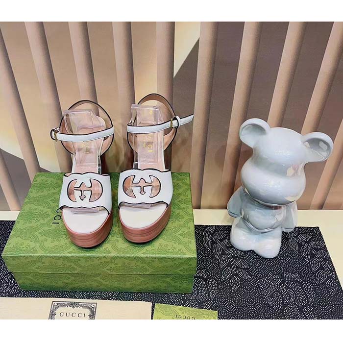 G*u*i women gg interlocking g sandal white leather wooden high 12 cm heel