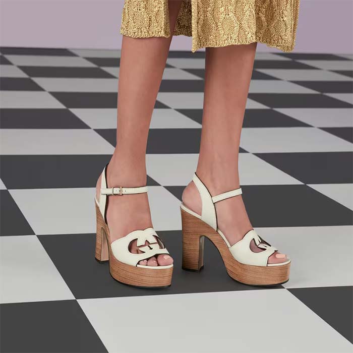 G*u*i women gg interlocking g sandal white leather wooden high 12 cm heel