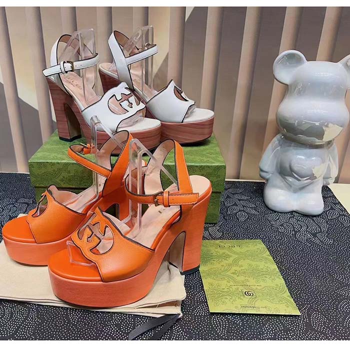 G*u*i women gg interlocking g sandal white leather wooden high 12 cm heel