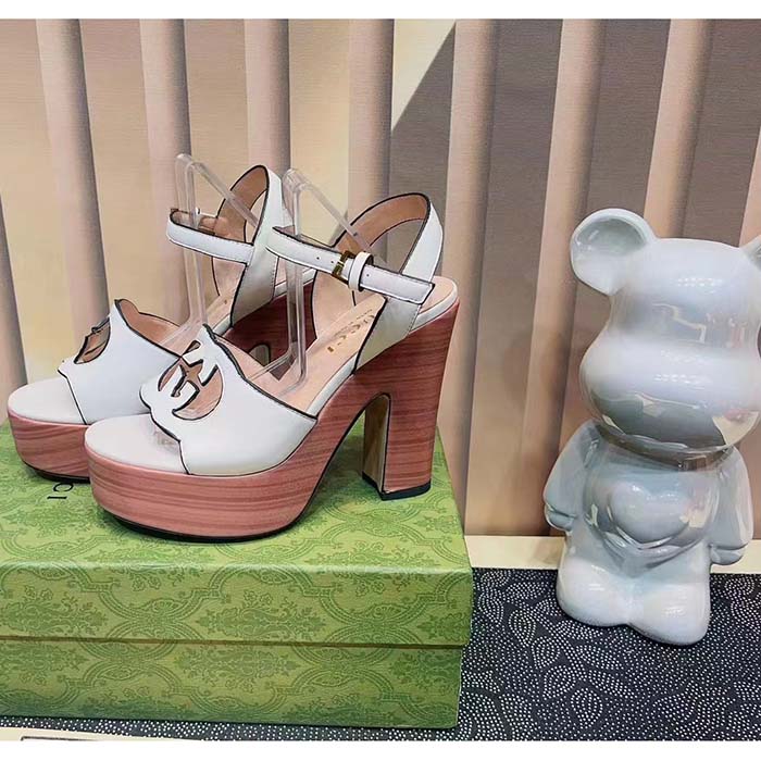 G*u*i women gg interlocking g sandal white leather wooden high 12 cm heel