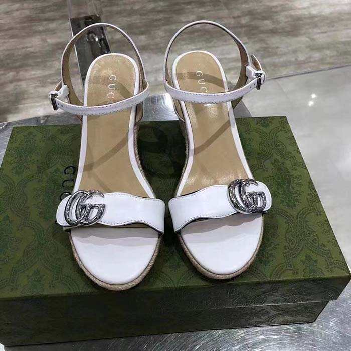 G*u*i women gg leather espadrille sandal interlocking g off white mid heel