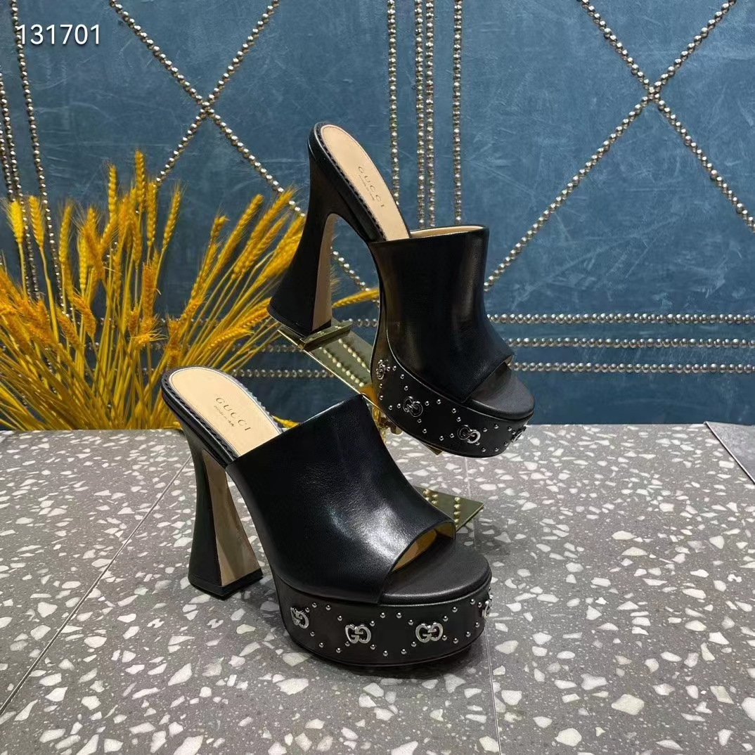 G*u*i women gg platform slide sandal black leather spool high 11 cm heel