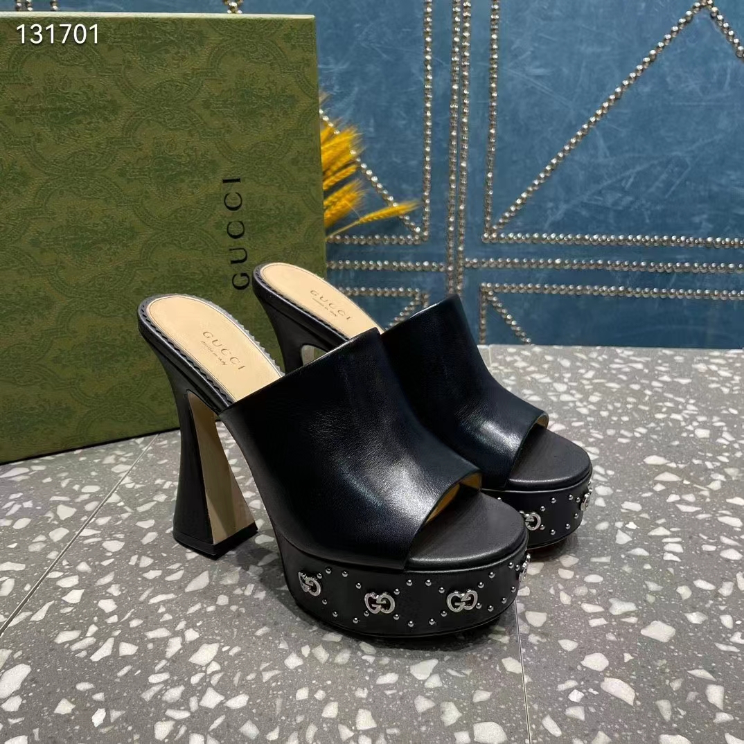G*u*i women gg platform slide sandal black leather spool high 11 cm heel