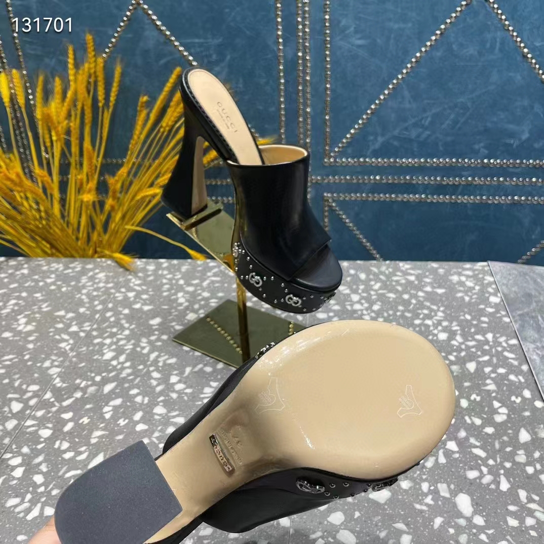 G*u*i women gg platform slide sandal black leather spool high 11 cm heel