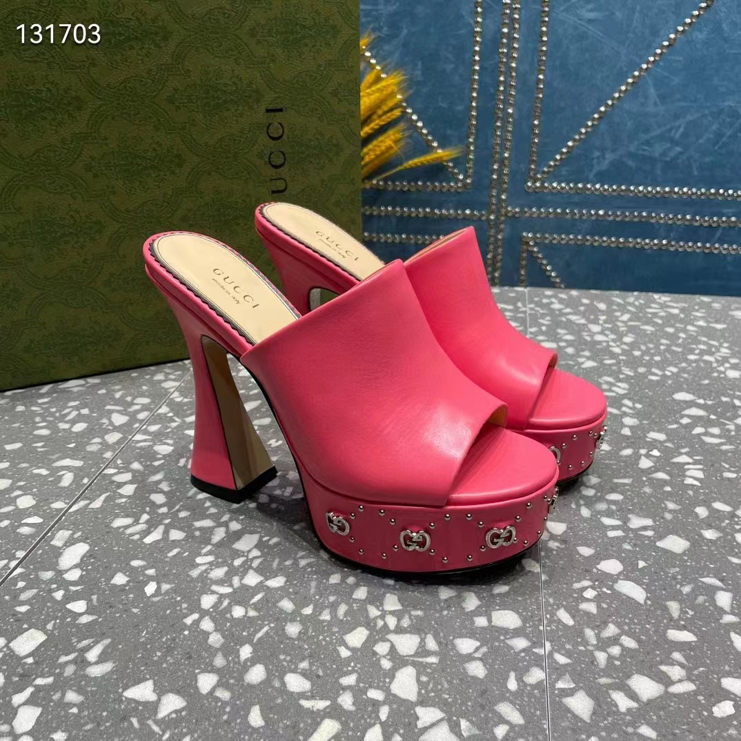 G*u*i women gg platform slide sandal pink leather spool high 11 cm heel