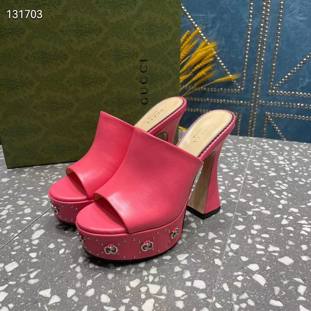 G*u*i women gg platform slide sandal pink leather spool high 11 cm heel