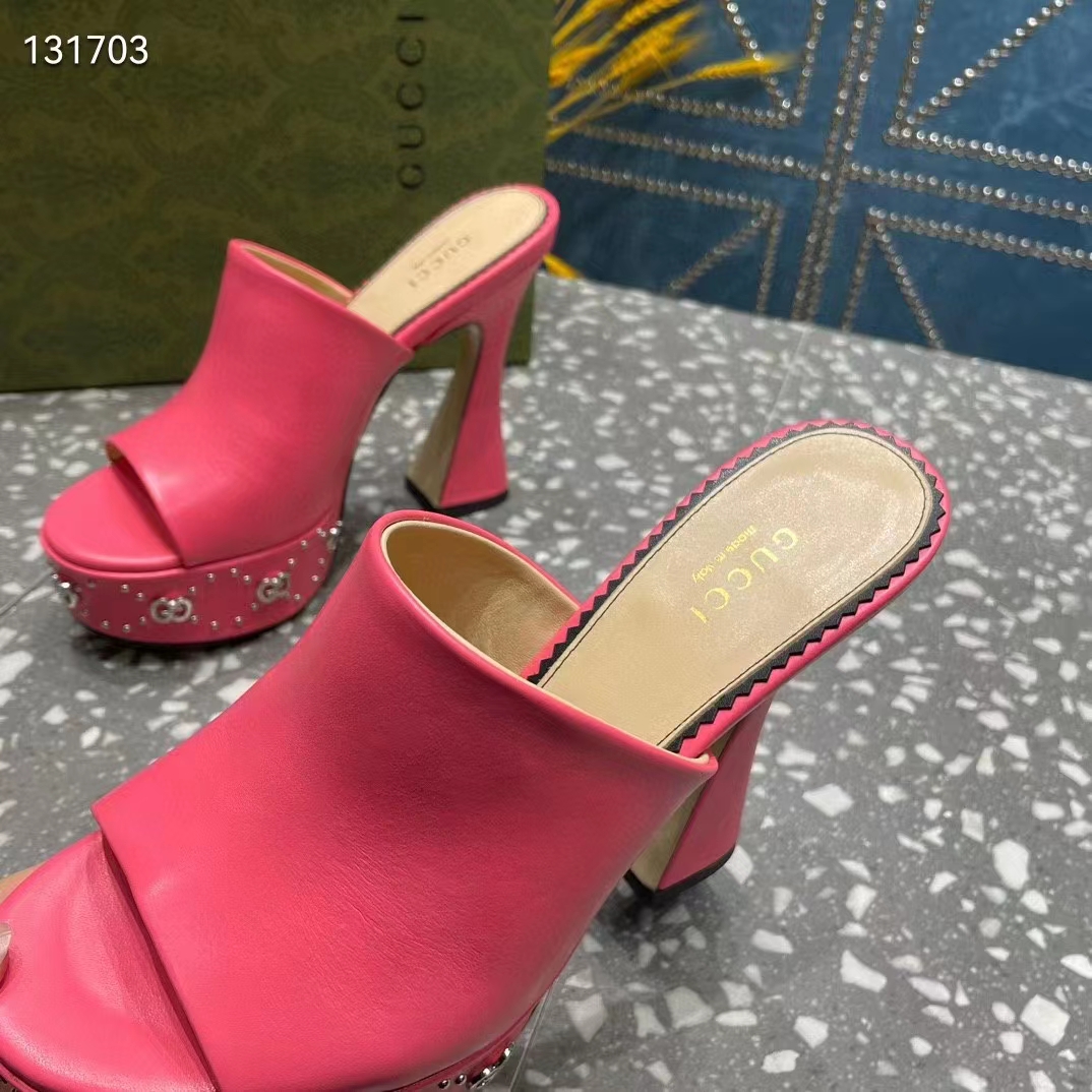 G*u*i women gg platform slide sandal pink leather spool high 11 cm heel