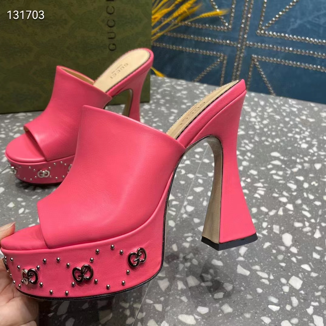 G*u*i women gg platform slide sandal pink leather spool high 11 cm heel