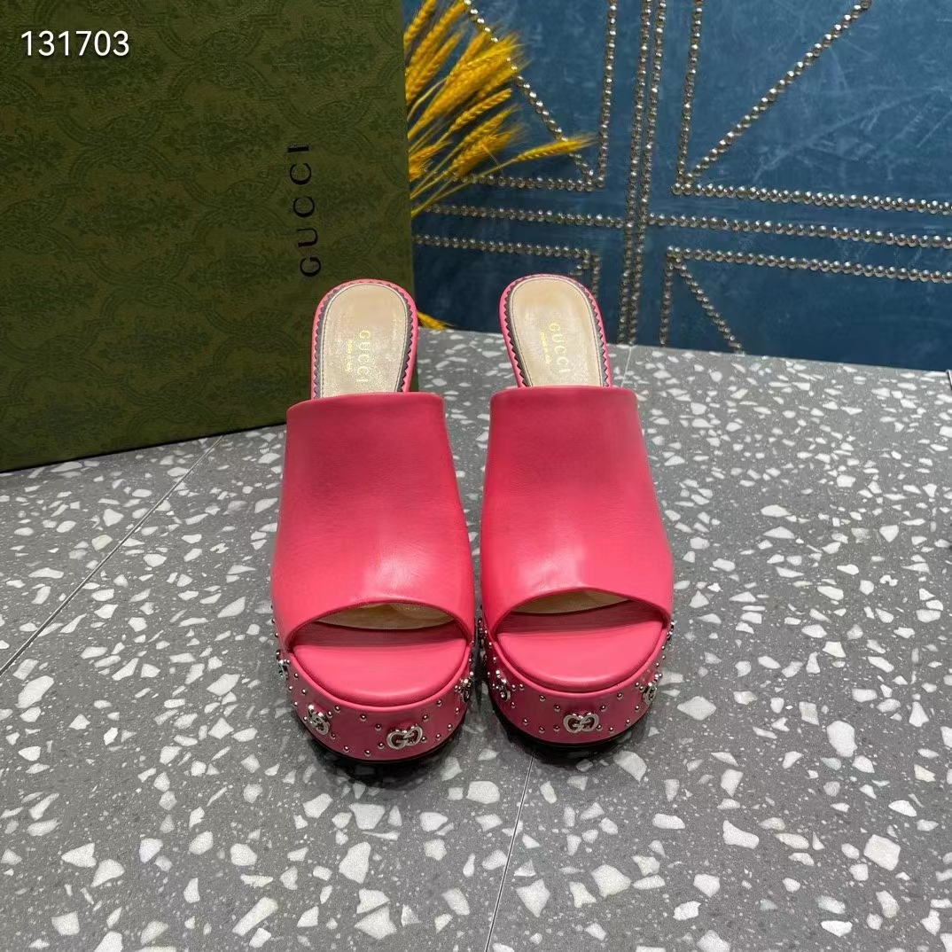 G*u*i women gg platform slide sandal pink leather spool high 11 cm heel