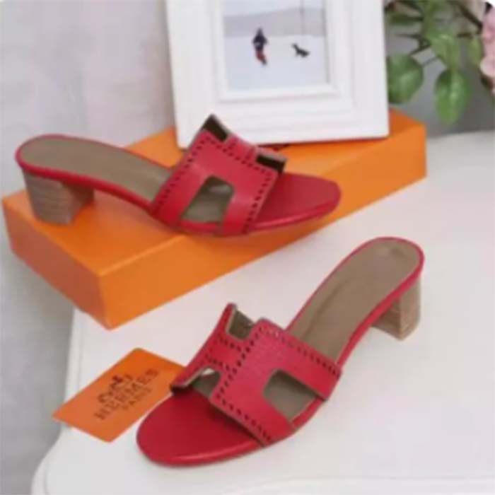 Hermes Women Oasis Sandal Red Calfskin Iconic “H” 5.6cm Heel