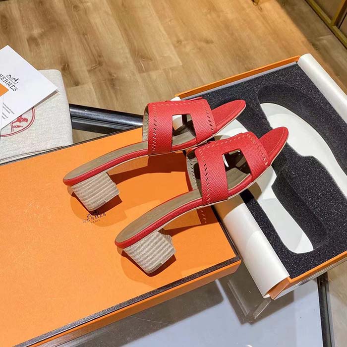 Hermes Women Oasis Sandal Red Calfskin Iconic “H” 5.6cm Heel