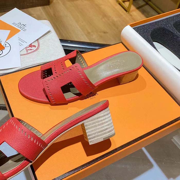 Hermes Women Oasis Sandal Red Calfskin Iconic “H” 5.6cm Heel
