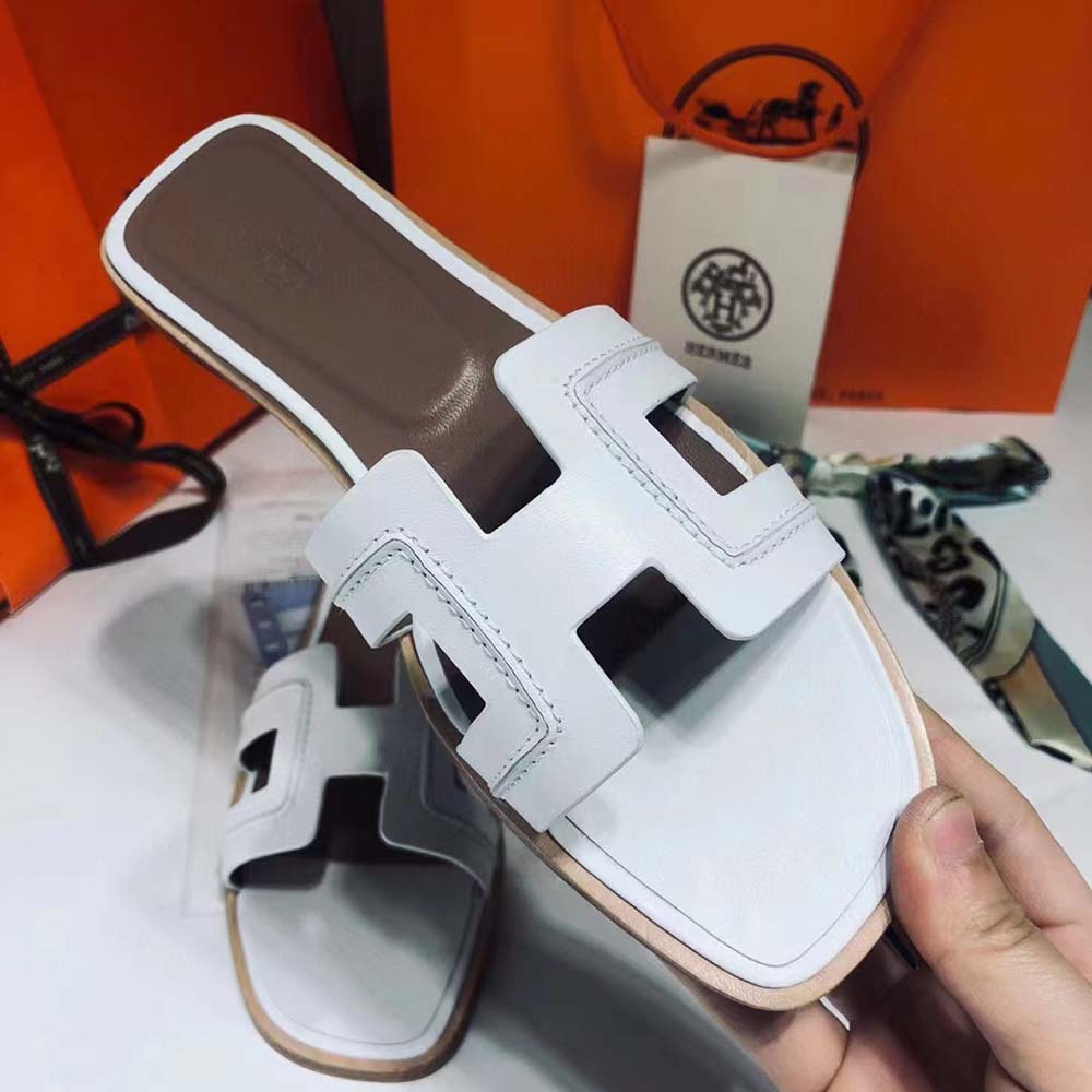 Hermes Women Oran Sandal in Box Calfskin with Iconic “H” Cut-Out-White