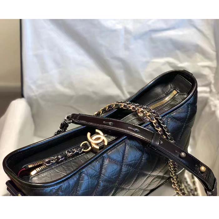 Chanel CC Gabrielle Hobo Medium Bag Black Goatskin Gold Silver-Tone Metal