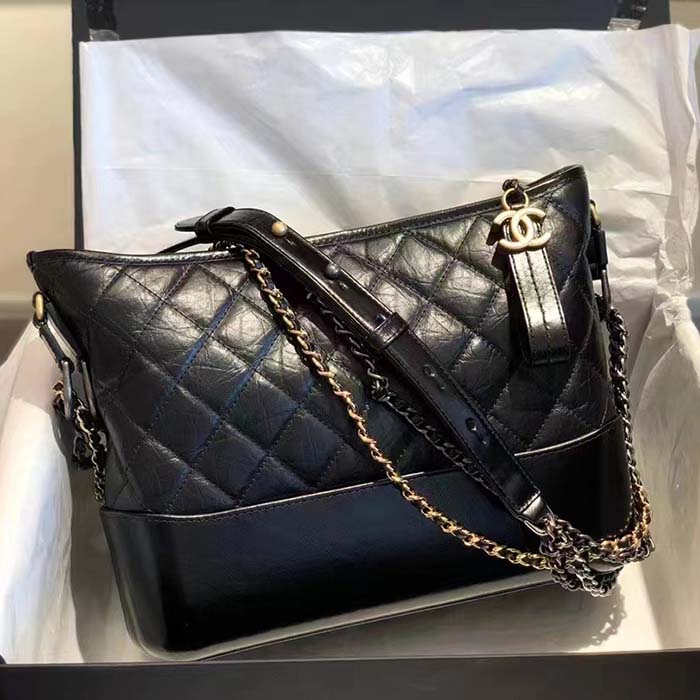 Chanel CC Gabrielle Hobo Medium Bag Black Goatskin Gold Silver-Tone Metal