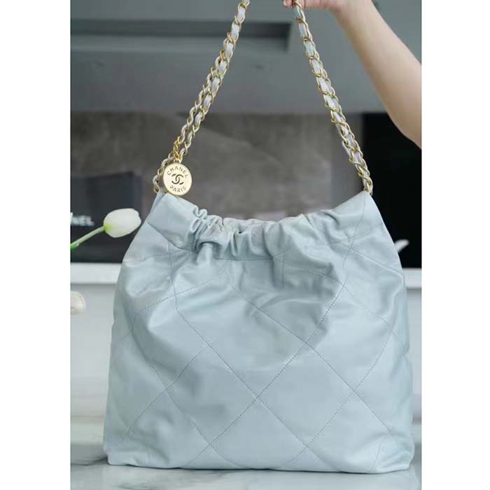 Chanel Women CC 22 Handbag Shiny Calfskin & Gold-Tone Metal Light Blue