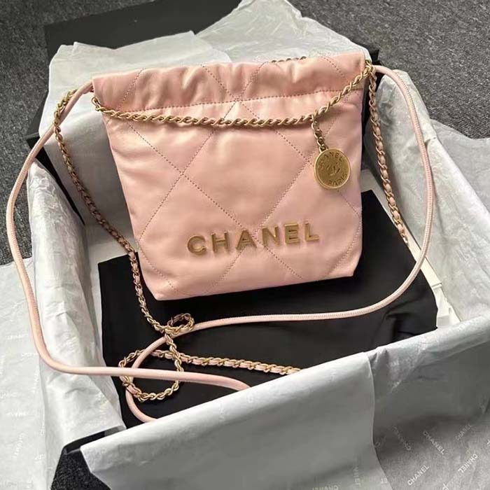 Chanel Women CC 22 Mini Handbag Shiny Calfskin Gold-Tone Metal Light Pink