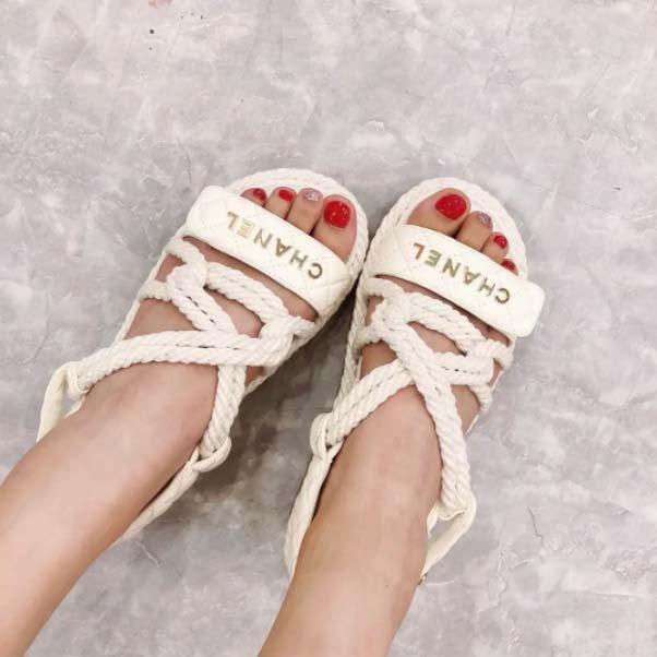 Chanel Women CC Cotton Tweed White Sandals Calfskin Leather Cotton 1 CM Heel