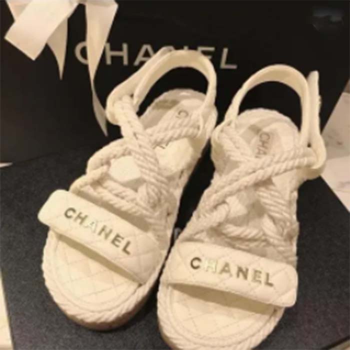 Chanel Women CC Cotton Tweed White Sandals Calfskin Leather Cotton 1 CM Heel