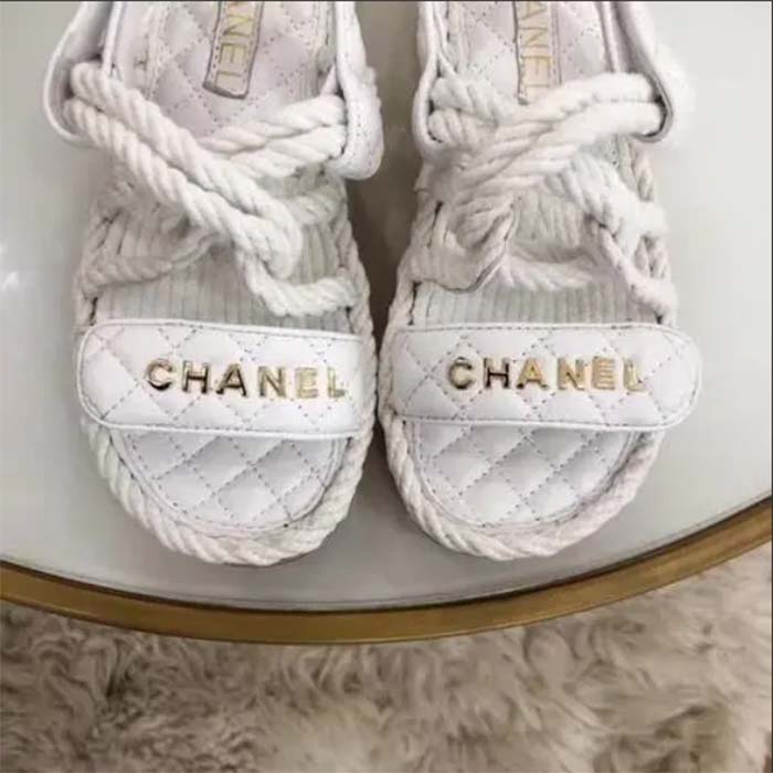 Chanel Women CC Cotton Tweed White Sandals Calfskin Leather Cotton 1 CM Heel