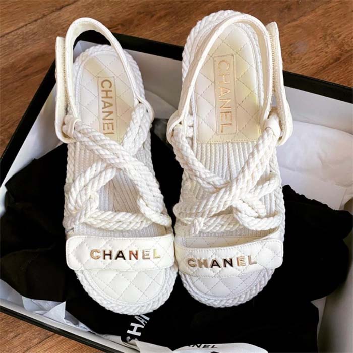 Chanel Women CC Cotton Tweed White Sandals Calfskin Leather Cotton 1 CM Heel